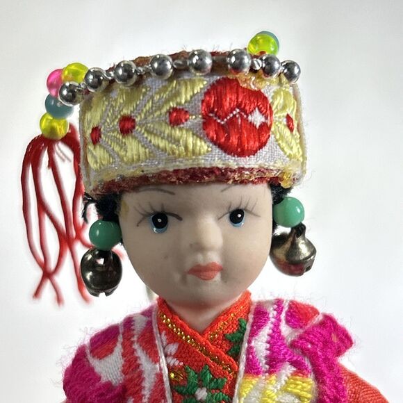 Vintage Pair Of Porcelain Jointed Colorful Ethnic Doll Keychains 4" - READ - Picture 7 of 11